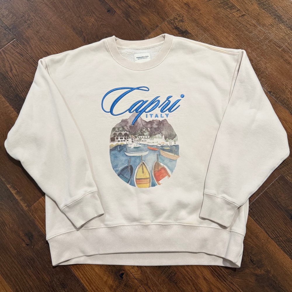 Abercrombie & Fitch Capri Italy Graphic Sweatshirt Cream Large Embroidered